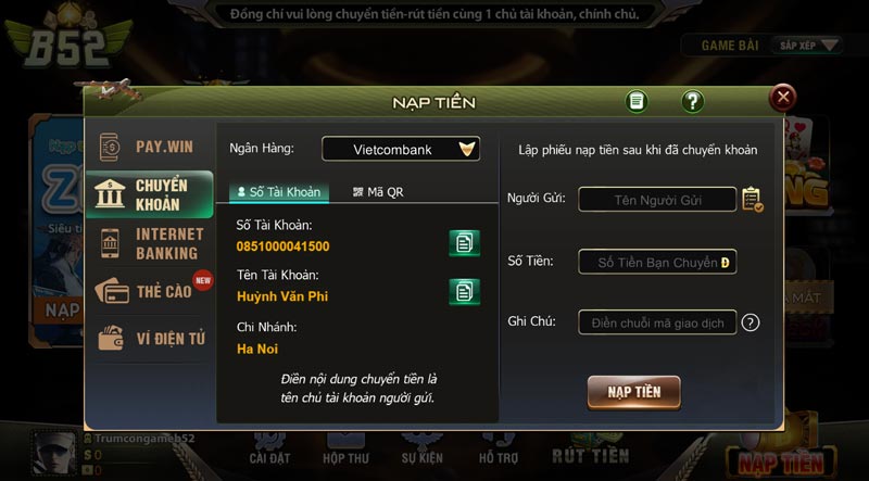 Nạp tiền B52 để tham gia vào trò chơi ngay hôm nay